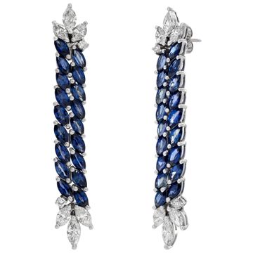 Marquise cut sapphire & diamond dangling earrings in 18k white gold