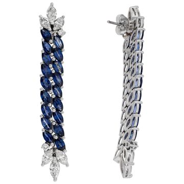 Marquise cut sapphire & diamond dangling earrings in 18k white gold
