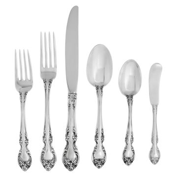 MELROSE sterling silver flatware set, patented in 1948 by Gorham. 6 place setting for 8 and 11 serving pieces. TOTAL 59 PIECES .