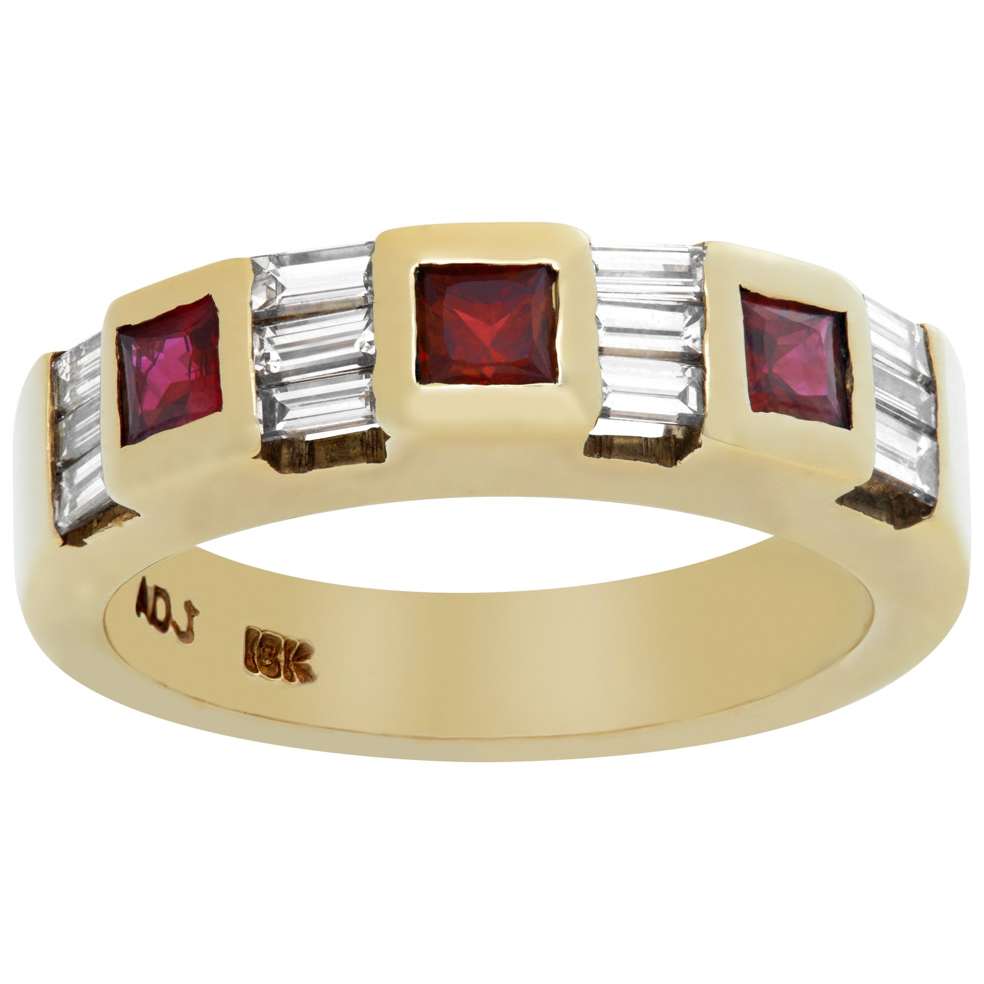 Square beveled ruby and tapered baguette diamonds, semi