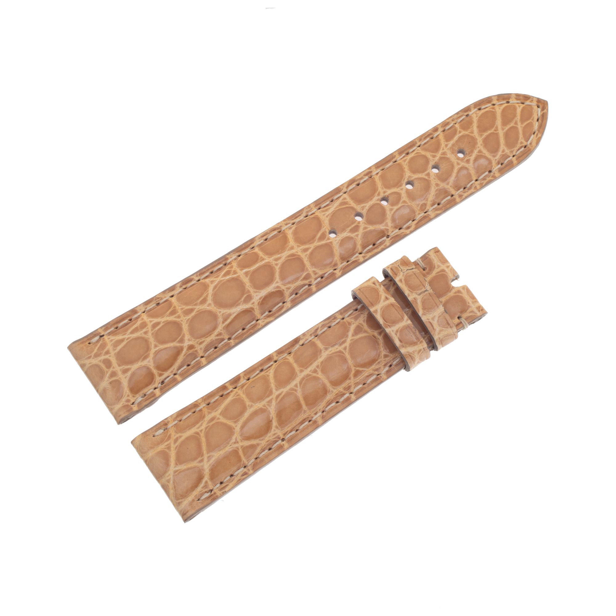 Chopard sand alligator watch band (18 x 16). 18 mm width by the lug end and 16 mm width by the buckle end. Length: 4.1/8 long piece and 2.75 short piece.