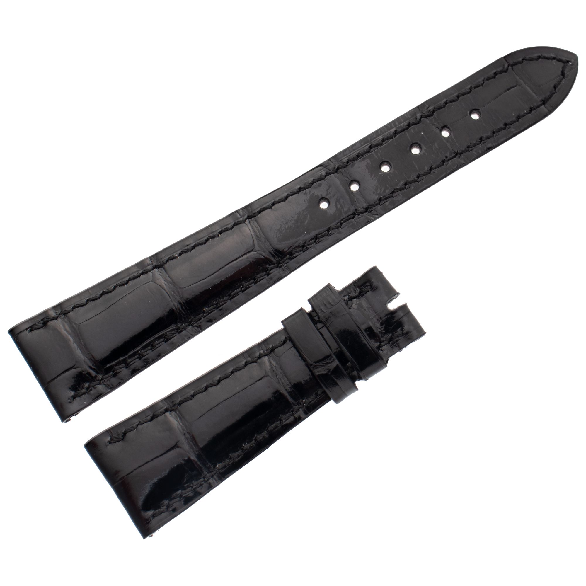Patek Philippe black alligator watch band (21 x 16). 21mm width by the lug end and 16 mm width by the buckle end. Length: 4.1/2" long piece and 2.75" short piece.