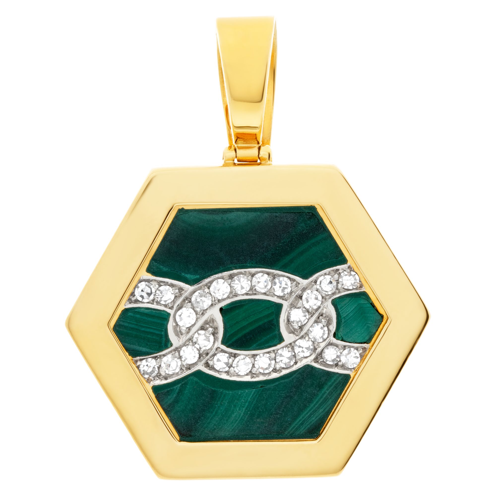 Versatile sexagonal cut Malachite & diamonds pendant/enhancer in 18k yellow gold.