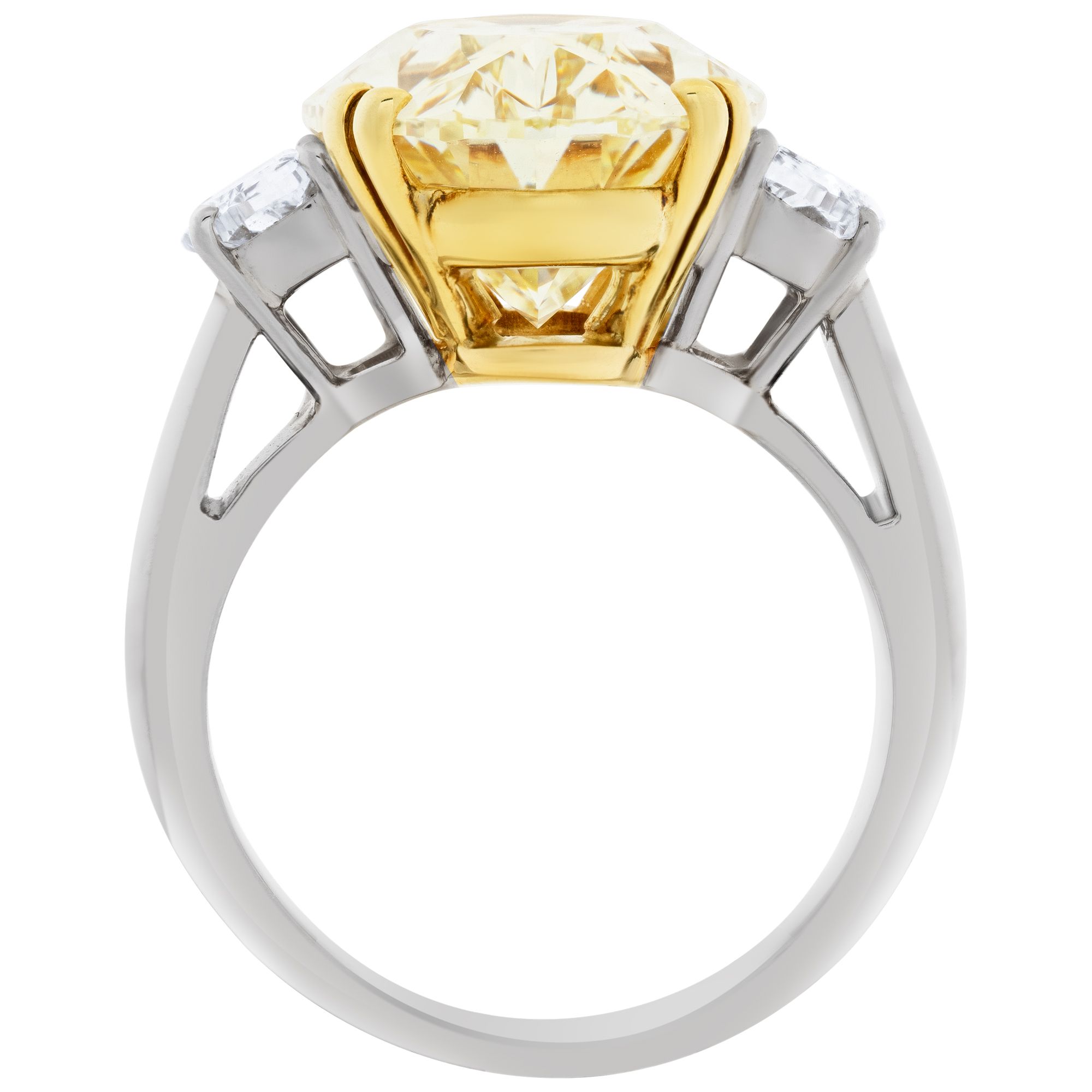 Gia Certified 8.01 carat oval fancy light yellow color- VS2 clarity, with 2 half moon cut diamonds on each side set in Platinum and 18K yellow gold mounting.