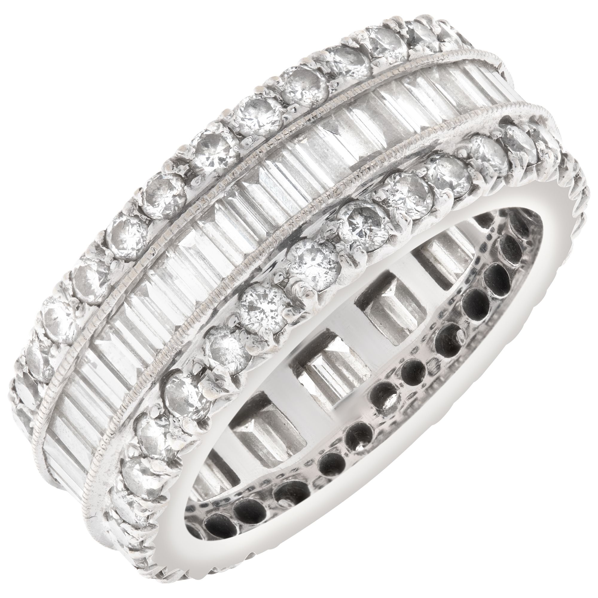 Eternity diamonds ring with over 4.50 carats emerald and round brilliant cut diamonds in 18K white gold