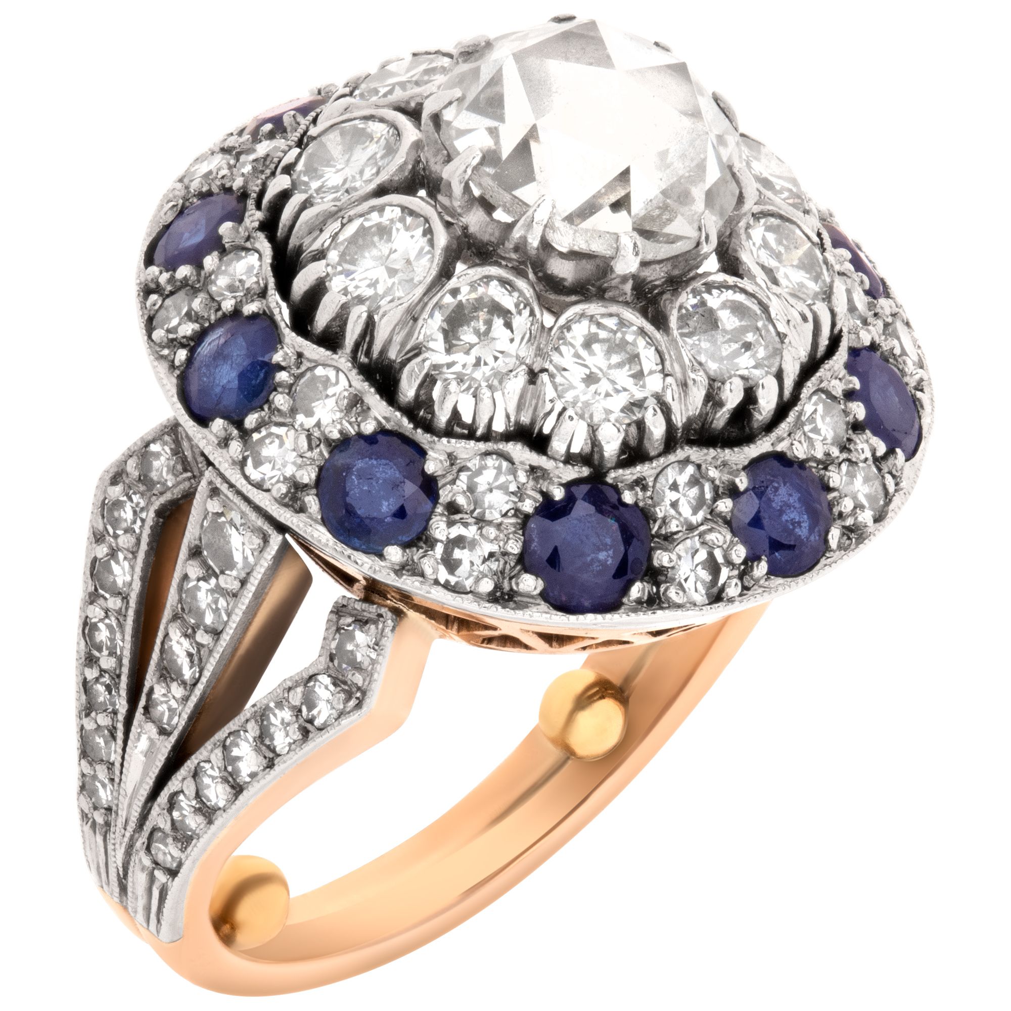 Rose cut diamonds and sapphire ring in 18k
