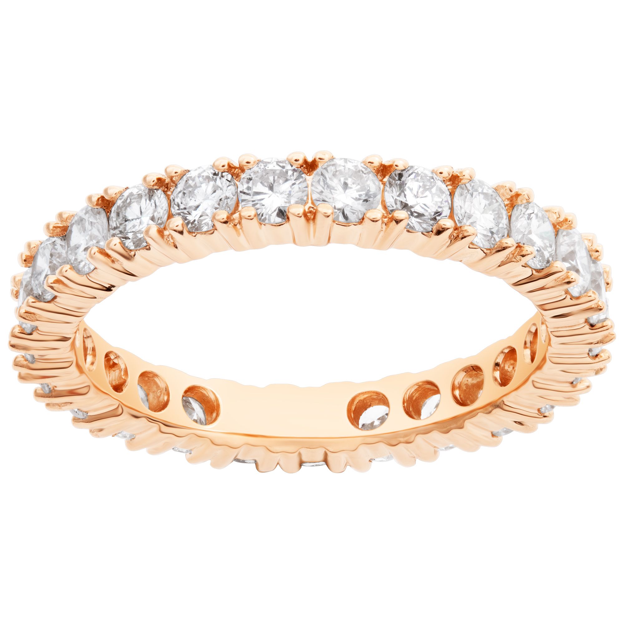 Diamond eternity band with 1.60 carat round brilliant cut diamonds, set in 14K rose gold.