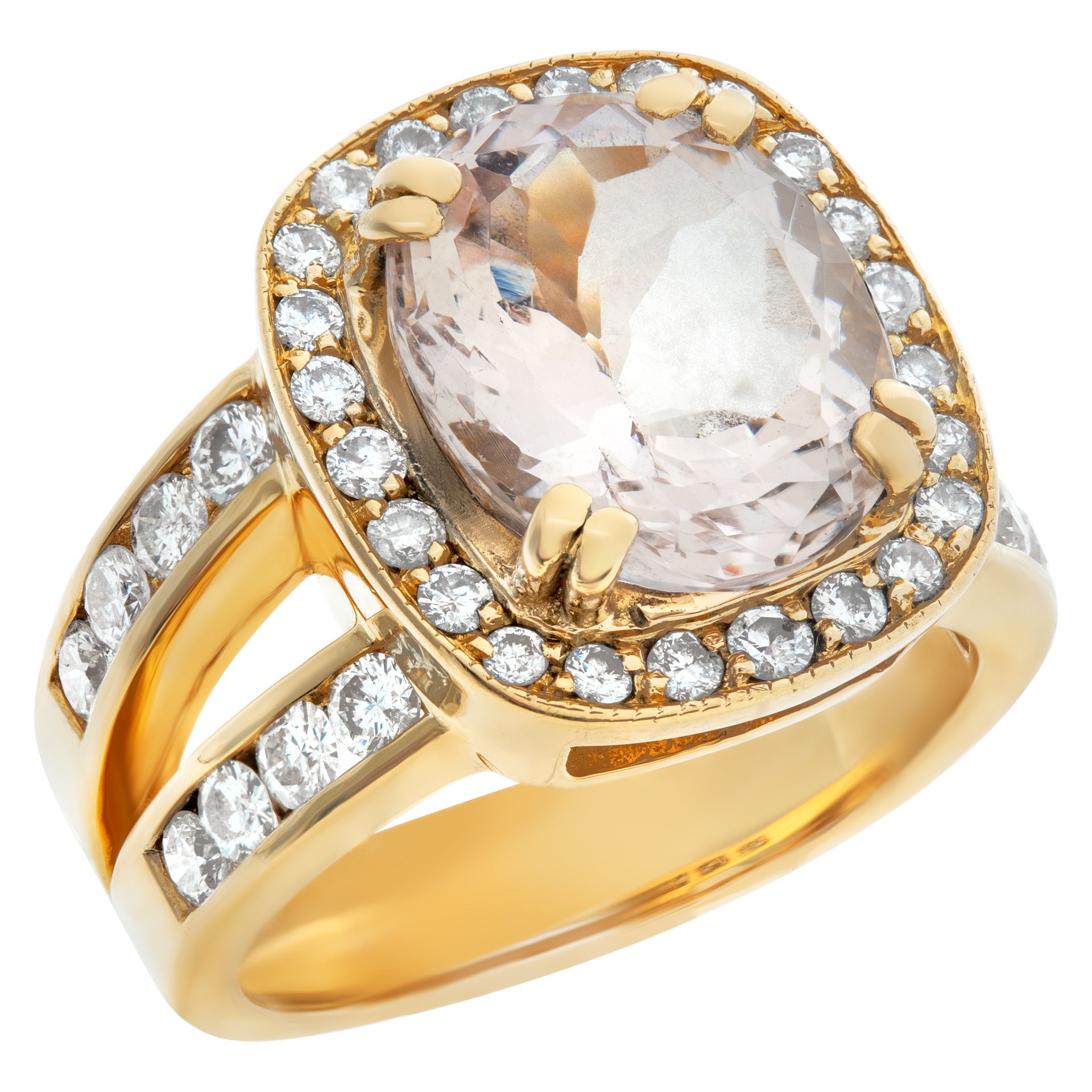 Brilliant Cushion Cut Morganite Stone, (Over 1.07 Cts In Diamonds Ring Set In 18k Yellow Gold