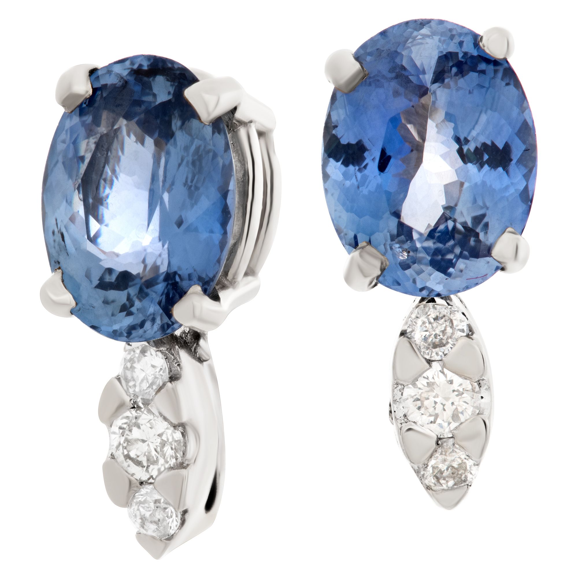 Oval brilliant cut tanzanite & diamonds stud earrings set in 14k white gold.