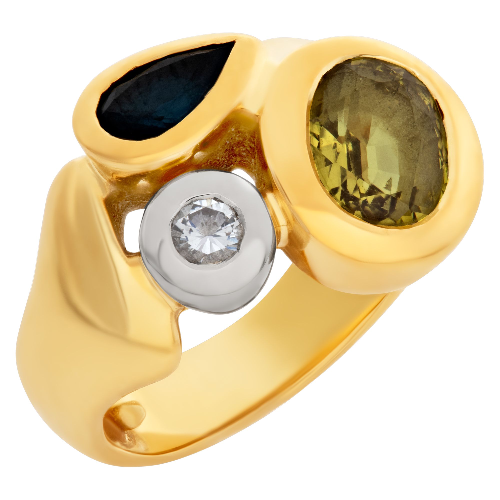 Pinky Ring In 18k With Diamond, Yellow Topaz, And Deep Blue Topaz