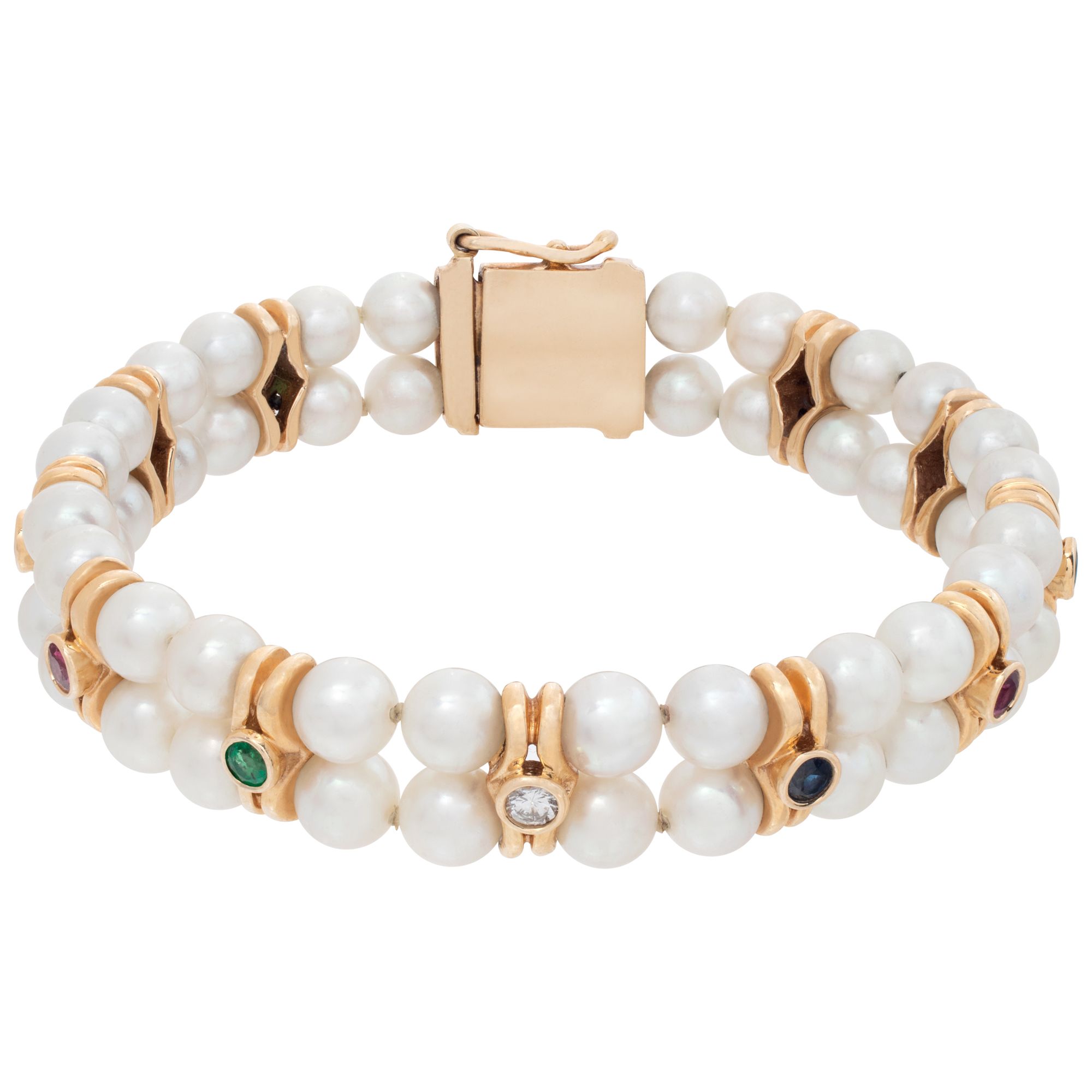 Pearl bracelet with rubies, diamonds, sapphires and emeralds in 14k yellow gold