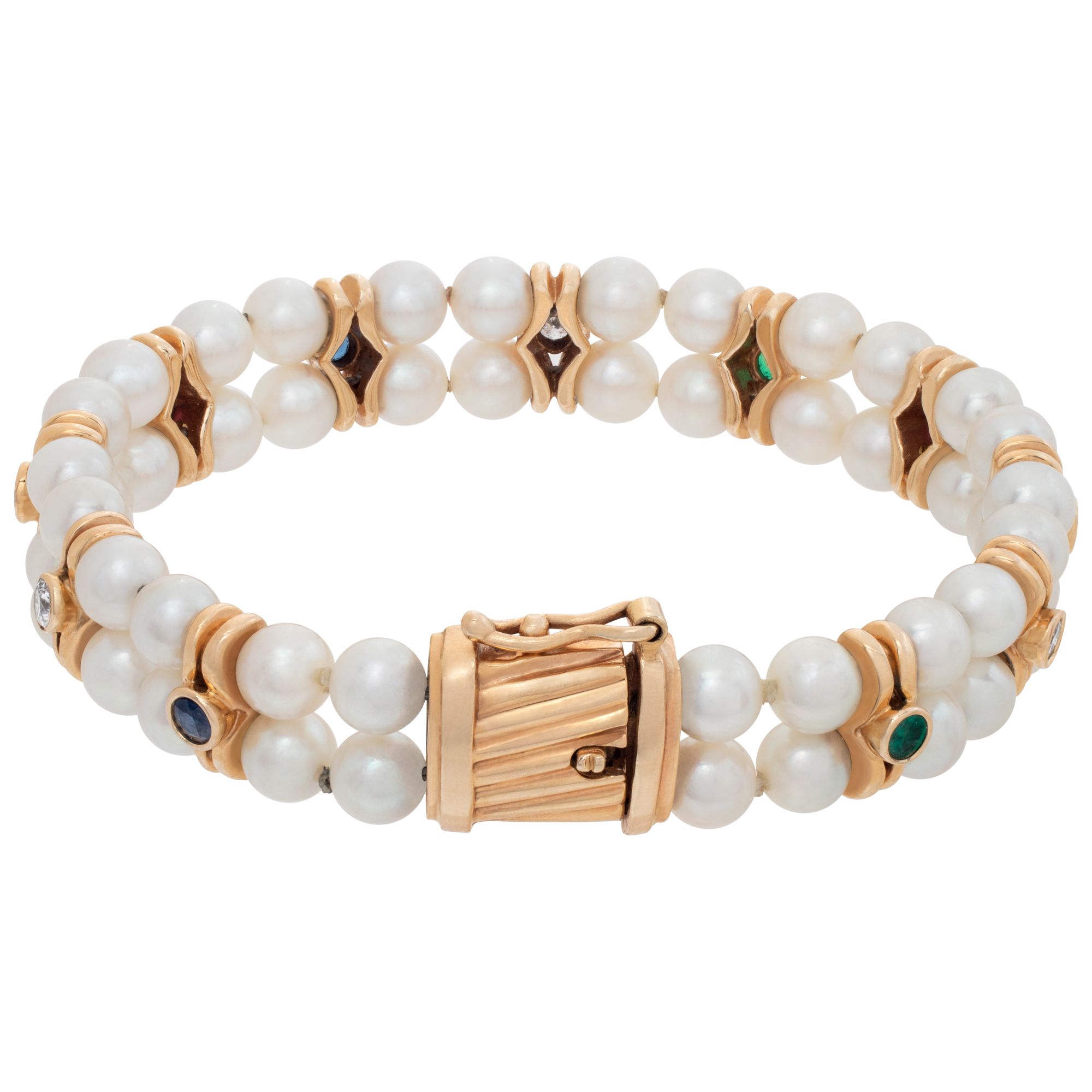 Pearl bracelet with rubies, diamonds, sapphires and emeralds in 14k yellow gold
