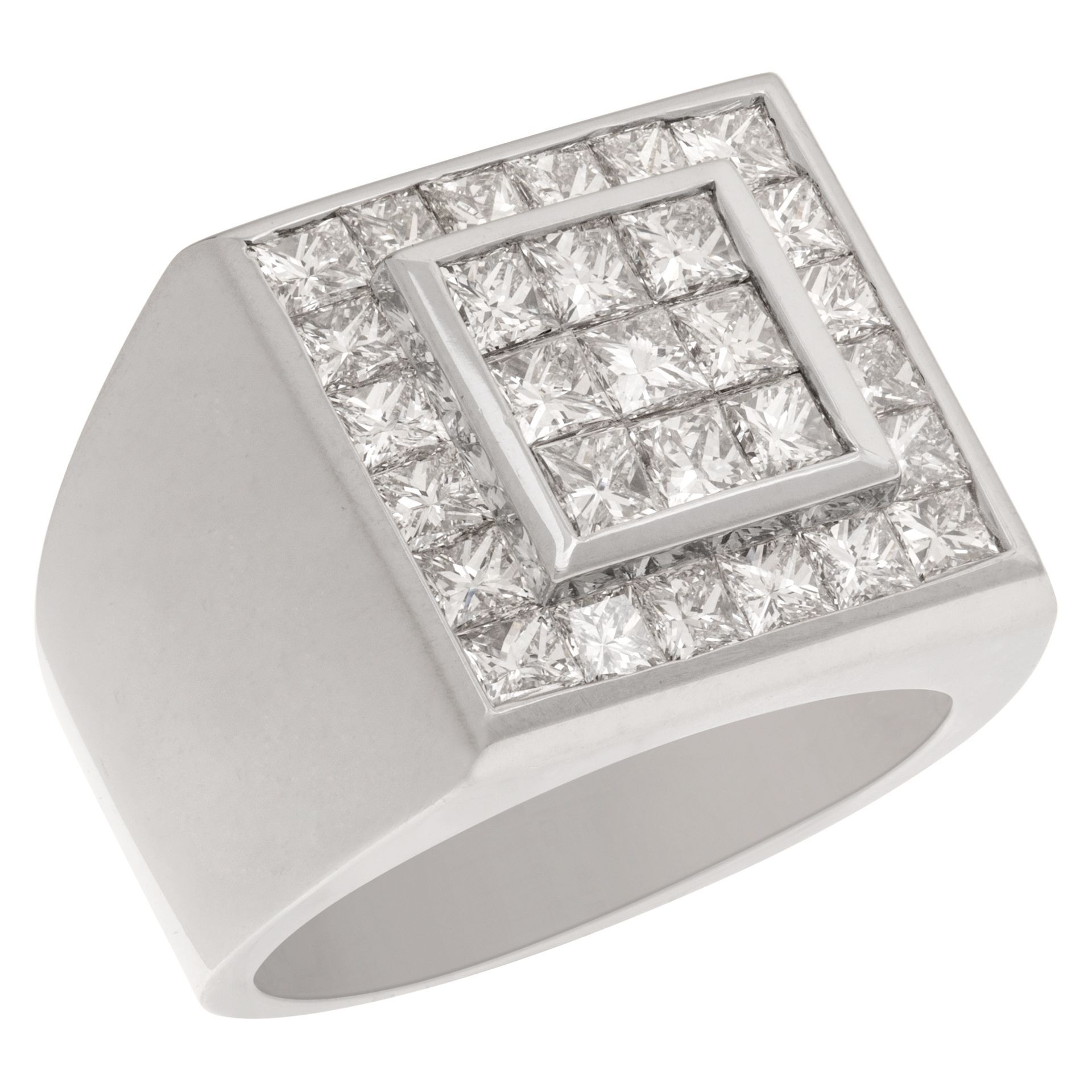 Men's 18k white gold princess cut chanel set ring with 4.1 carats in diamonds