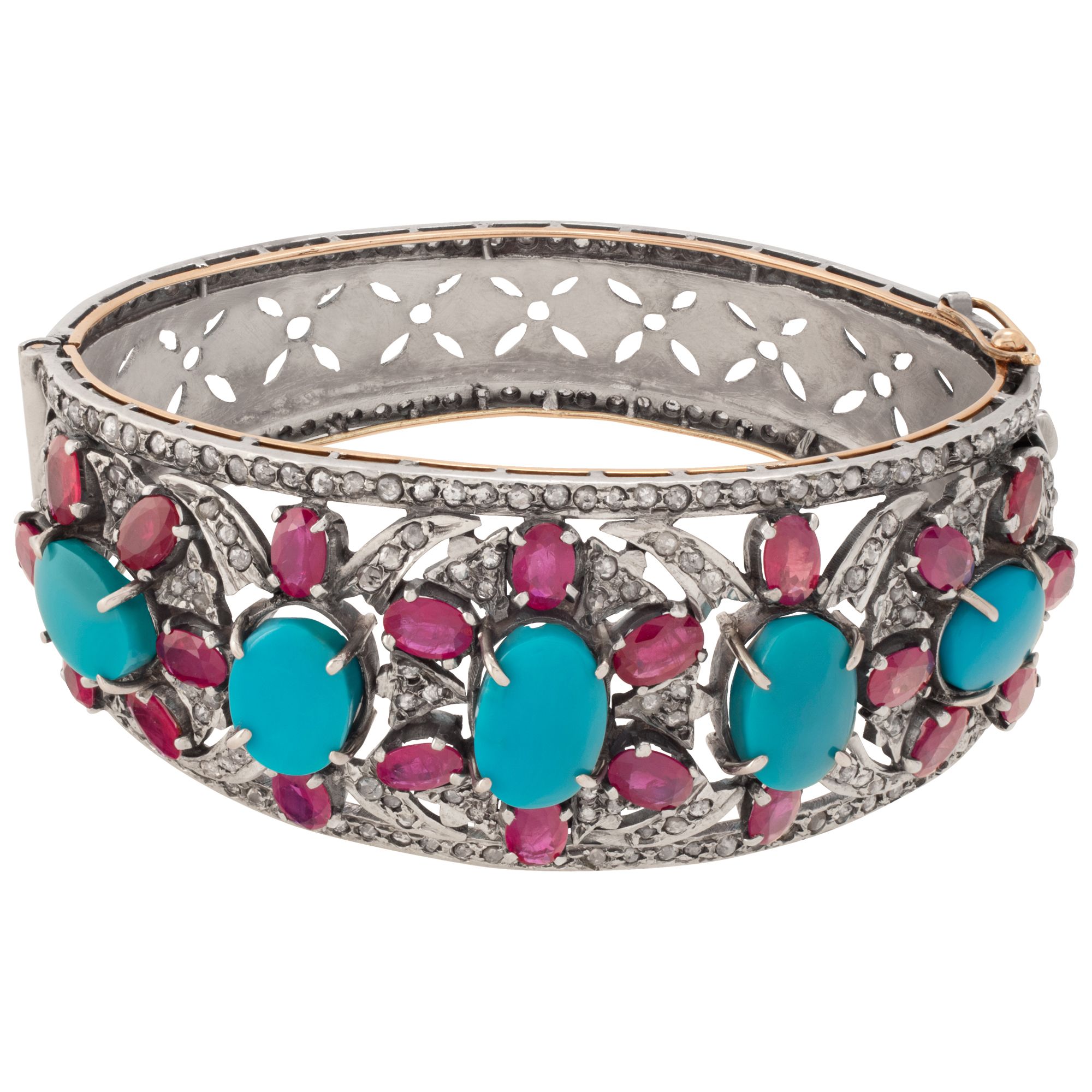Hand made sterling silver with 14k yellow gold bangle with rubuies, turquoise & rose cut diamonds