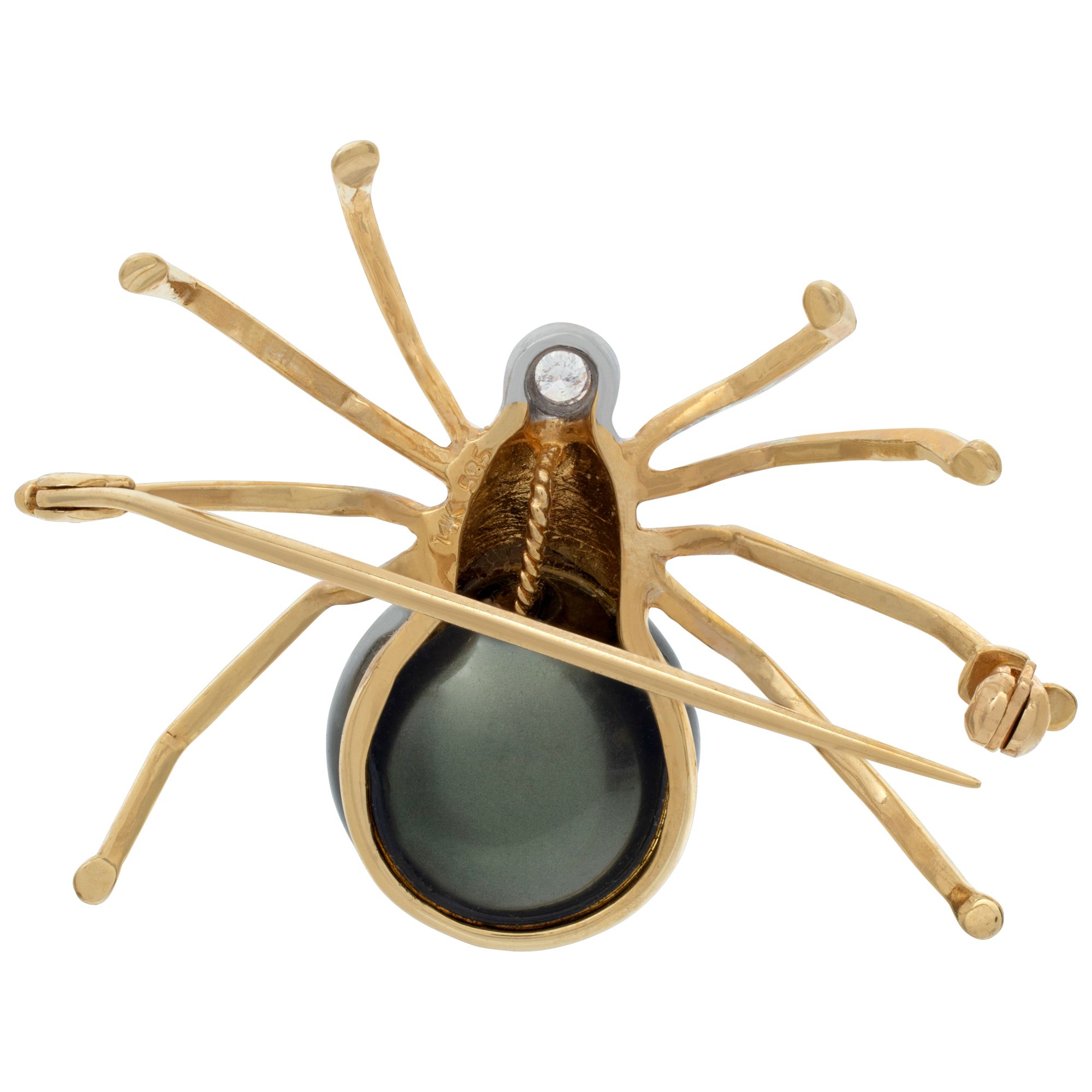 Spider brooch in 14k yellow gold with 14.5mm black tahitian pearl and .10 ct in