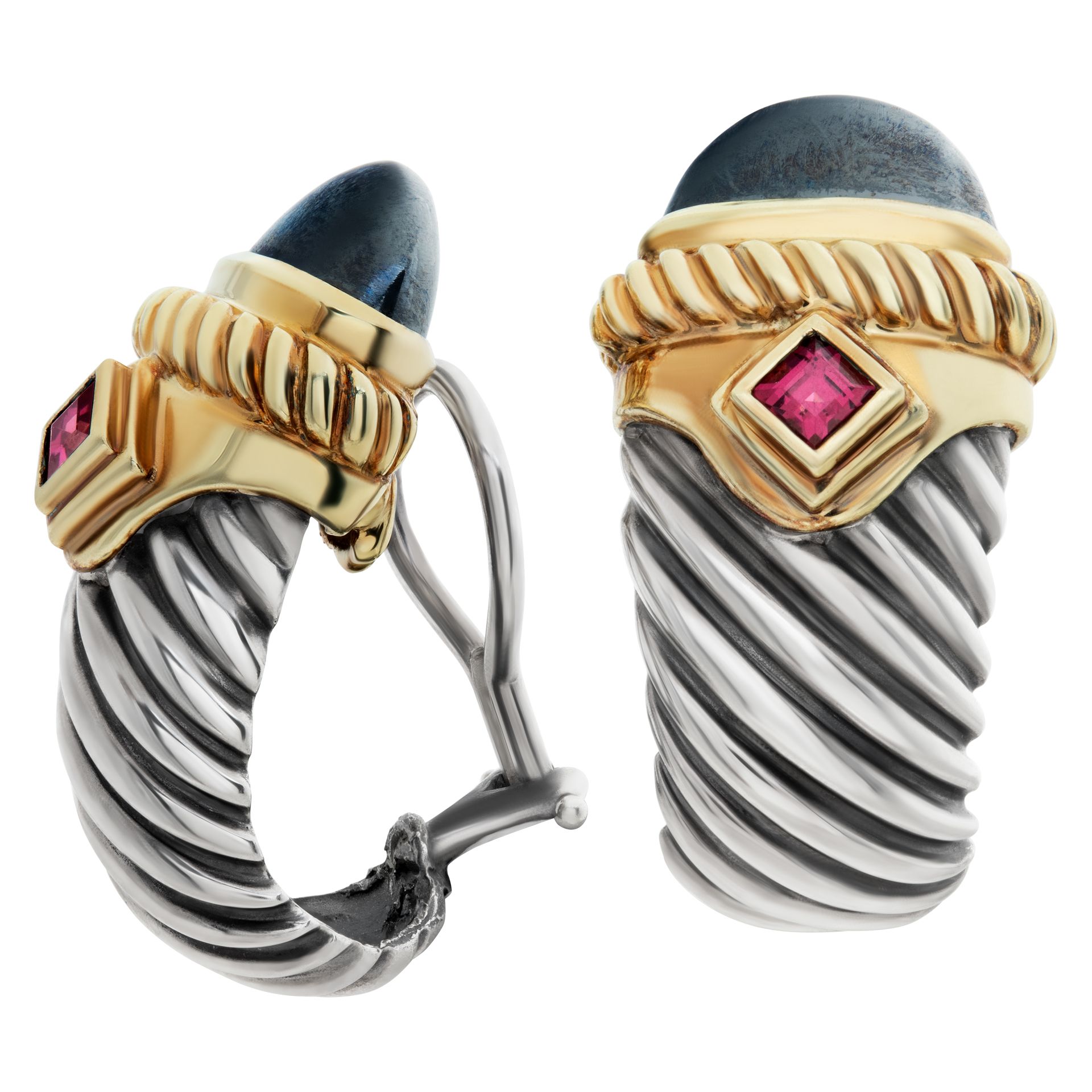 Vintage, David Yurman Sterling Silver and 14k Gold Cable Shrimp Earrings with abochon onyx and amethyst.