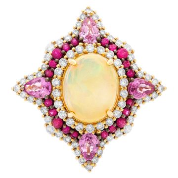 Opal, ruby & sapphire ring in 18k, 1.46 cts in diamonds, 0.75 cts in rubies & 2.02 cts sapphires