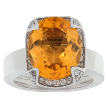 Orange topaz ring with diamond accents in 18k white gold. Size 5.5