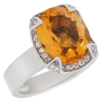 Orange topaz ring with diamond accents in 18k white gold. Size 5.5