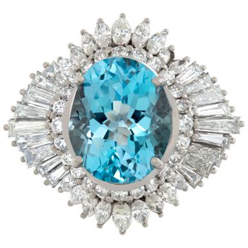 Oval Blue Topaz ring 2.5 cts in baguette round & marquis diamonds in platinum setting