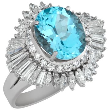 Oval Blue Topaz ring 2.5 cts in baguette round & marquis diamonds in platinum setting