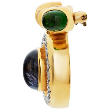 Oval cabochon sapphire, oval cabocho green tourmalime and diamonds brooch/enhancer set in 14K yellow gold.