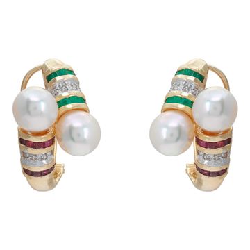 Pearls (7mm) earrings with diamonds, ruby and emerald in 18K yellow gold. Round brilliant cut diamonds total approx. weight: 0.16 cara