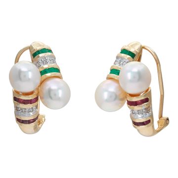 Pearls (7mm) earrings with diamonds, ruby and emerald in 18K yellow gold. Round brilliant cut diamonds total approx. weight: 0.16 cara