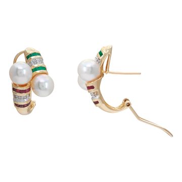 Pearls (7mm) earrings with diamonds, ruby and emerald in 18K yellow gold. Round brilliant cut diamonds total approx. weight: 0.16 cara
