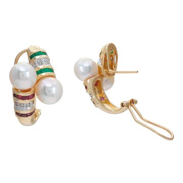 Pearls (7mm) earrings with diamonds, ruby and emerald in 18K yellow gold. Round brilliant cut diamonds total approx. weight: 0.16 cara