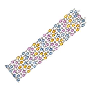 Pink, blue, yellow oval brilliant cut sapphire (approx. 92.00 carats) & diamond bracelet in 18k white gold.