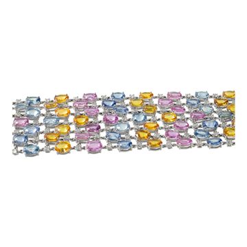 Pink, blue, yellow oval brilliant cut sapphire (approx. 92.00 carats) & diamond bracelet in 18k white gold.