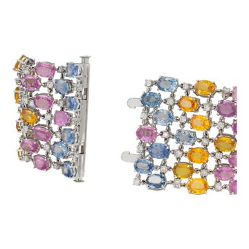 Pink, blue, yellow oval brilliant cut sapphire (approx. 92.00 carats) & diamond bracelet in 18k white gold.