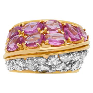 Pink Sapphire (4.32cts) and Diamond (0.98cts) ring in 18k yellow gold. Size 7.