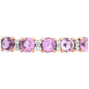 Pink sapphire line bracelet in 18k rose gold with accent round diamonds