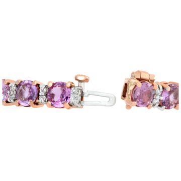Pink sapphire line bracelet in 18k rose gold with accent round diamonds