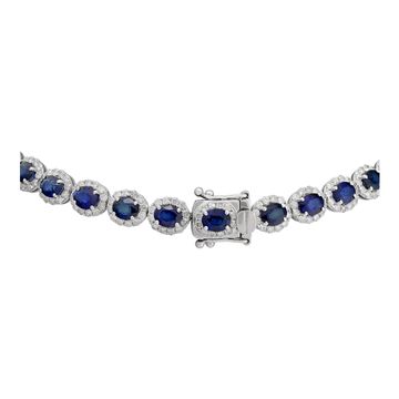 Sapphire and round brilliant diamonds line necklace in 14k white gold. Oval brilliant cut sapphires total approx. weight: 28.00 carats.