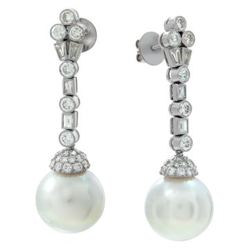 South Sea Pearl (15 x 15.5 mm) and diamonds drop earrings in 18k white gold.