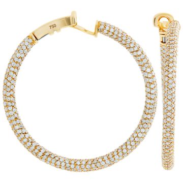 Stunning 18k yellow gold pave hoop earrings with 6.90 carats in round brilliant cut diamonds