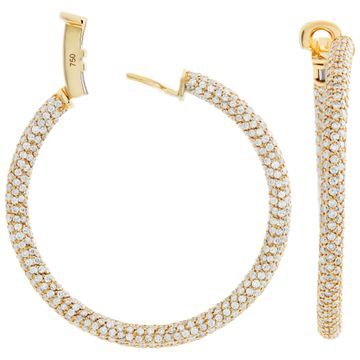 Stunning 18k yellow gold pave hoop earrings with 6.90 carats in round brilliant cut diamonds