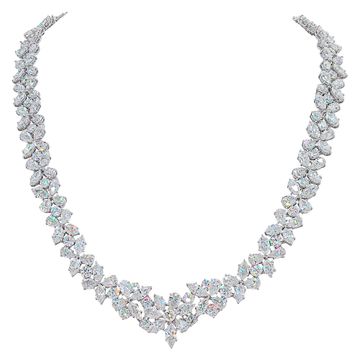 Stunning diamond necklace in 18k white gold. Floral mosaic of Marquise, Pear and Round Brilliant cut Diamonds, total approx. weight: 50.00 carats 17.00 inches long.