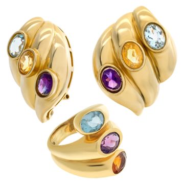Swirled gold earring & ring 3 pieces set, in 14k with oval brilliant cut blue topaz, amethyst & citrine
