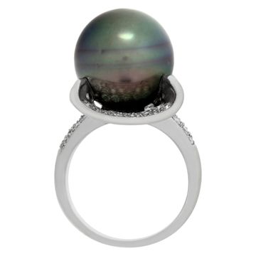Tahitian pearl ring in 18k white gold with 1.29 carats in pave diamonds.