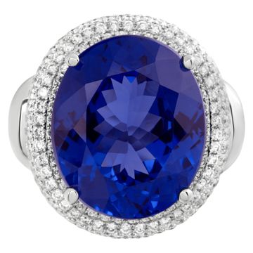 Tanzanite ring with diamonds in 18k white gold.