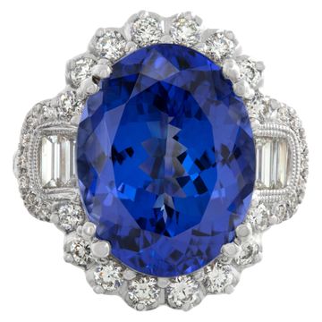 Tanzanite ring with diamonds in 18k white gold with yellow gold accents