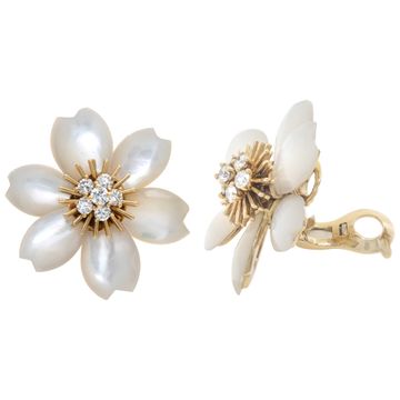 Van Cleef & Arpels Mother of Pearl and Diamond Rose de Noel earrings in 18k yellow gold
