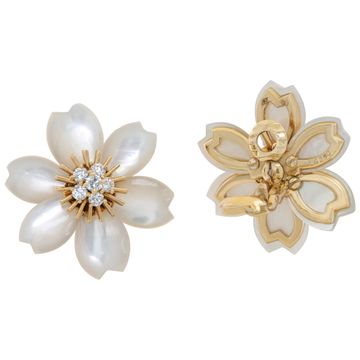 Van Cleef & Arpels Mother of Pearl and Diamond Rose de Noel earrings in 18k yellow gold