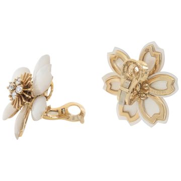 Van Cleef & Arpels Mother of Pearl and Diamond Rose de Noel earrings in 18k yellow gold