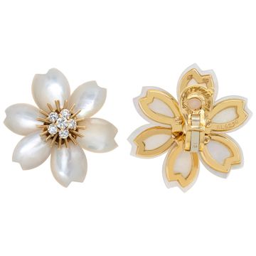 Van Cleef & Arpels Mother of Pearl and Diamond Rose de Noel earrings in 18k yellow gold