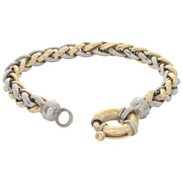 Wheat chain bracelet in 18k white & yellow gold. Length 8 inches. Width 6.3mm